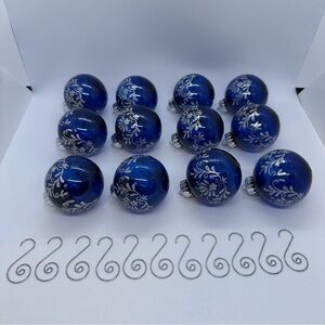 Set of 12 Blue Plastic Ball Christmas Ornaments Silver Glitter Floral 2.75" Tall